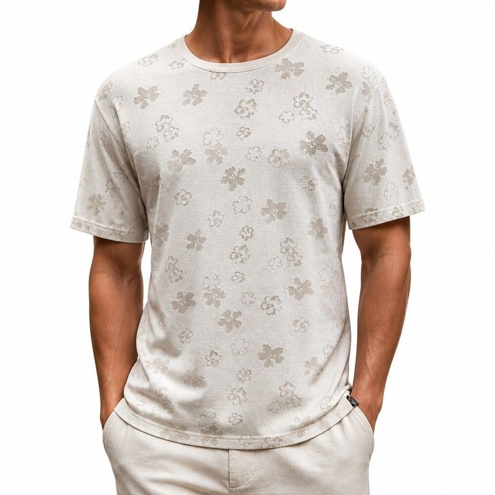 Ted Baker 6/2XL Gower Floral Jacquard Cotton Knit T-Shirt Cream Resortwear Luxe